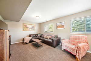 Carpeted living room featuring baseboards and a textured ceiling