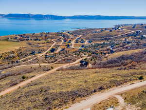 Aerial view of a water and mountain view