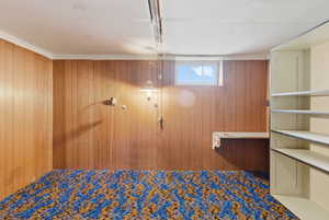 Unfurnished bedroom with wood walls and carpet flooring