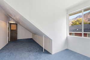 Additional living space with carpet floors and a mountain view