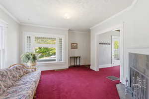 Living room with crown molding, a textured ceiling, a tile fireplace, and carpet flooring