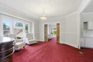 Sitting room featuring crown molding, a textured ceiling, and carpet flooring