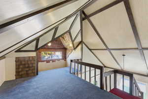 Bonus room with wood walls and carpet floors