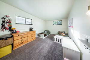 Bedroom featuring dark carpet and vaulted ceiling