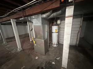 Unfinished basement with secured water heater and heating unit