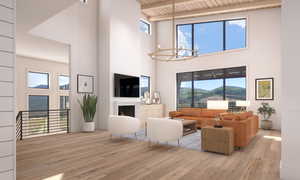Living area with a high ceiling, light wood-type flooring, a chandelier, a wood ceiling with exposed beams, and a fireplace