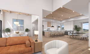 Living area with wooden ceiling, light wood-style floors, recessed lighting, and wooden walls