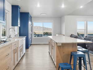 LOOK AT THOSE VIEWS! Kitchen with plenty of natural light, a center island, a kitchen bar, light wood finished floors, and recessed lighting