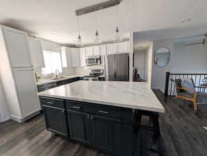 Kitchen with decorative backsplash, stainless steel appliances, dark cabinetry, dark wood finished floors, and hanging light fixtures