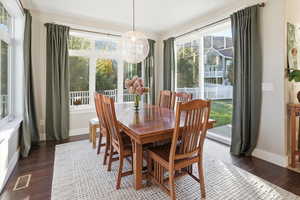 Dining room with healthy amount of natural light and dark wood-style floors