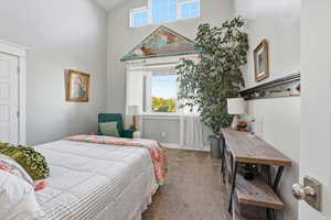 Bedroom with multiple windows, carpet flooring, and a towering ceiling
