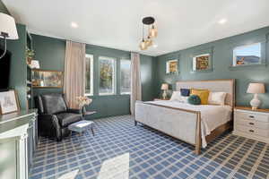 Carpeted bedroom featuring recessed lighting and baseboards