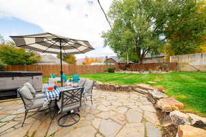 Fenced backyard featuring outdoor dining area, a hot tub, and a patio