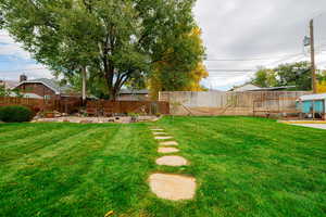Fenced backyard with a patio