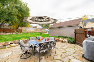 Fenced backyard with outdoor dining space, a patio, and grilling area