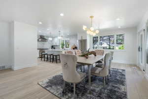 Dining area featuring a chandelier, recessed lighting, light wood-style flooring, and healthy amount of natural light
