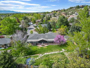 Aerial view of residential area with a mountain backdrop