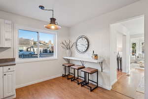 Dining room with light wood-type flooring and healthy amount of natural light