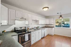 Kitchen featuring appliances with stainless steel finishes, white cabinetry, light wood-style floors, and dark countertops