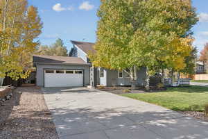 View of property hidden behind natural elements featuring driveway, a garage, and roof with shingles