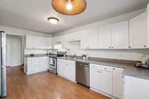 Kitchen featuring white cabinetry, stainless steel appliances, light wood finished floors, and dark countertops