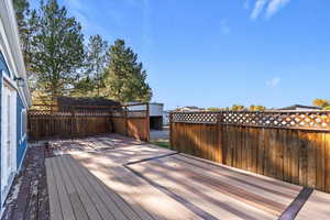 Wooden deck with a fenced backyard