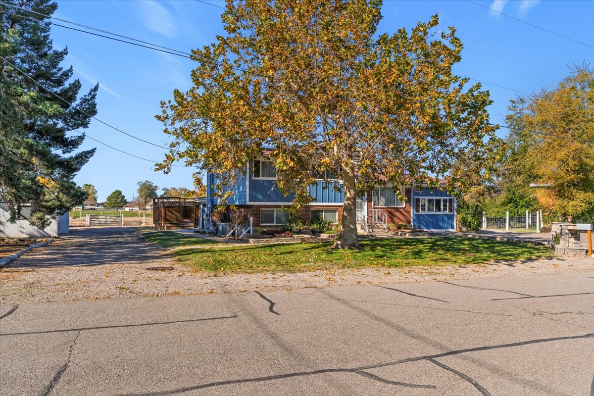 View of property hidden behind natural elements with brick siding and a gate