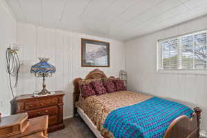 Carpeted bedroom with wooden walls