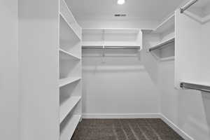 Walk in closet featuring dark colored carpet