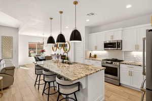 Kitchen with white cabinets, tasteful backsplash, appliances with stainless steel finishes, open floor plan, and recessed lighting