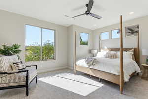 Bedroom featuring carpet, a ceiling fan, and recessed lighting