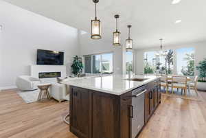 Kitchen featuring dark brown cabinets, light wood-style floors, healthy amount of natural light, pendant lighting, and recessed lighting