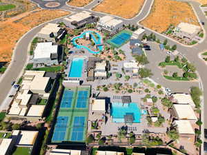 Aerial overview of property's location with a pool