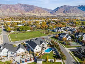 Aerial view of residential area with a mountainous background