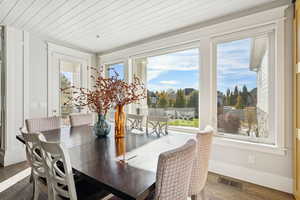 Dining area featuring wood finished floors and wood ceiling