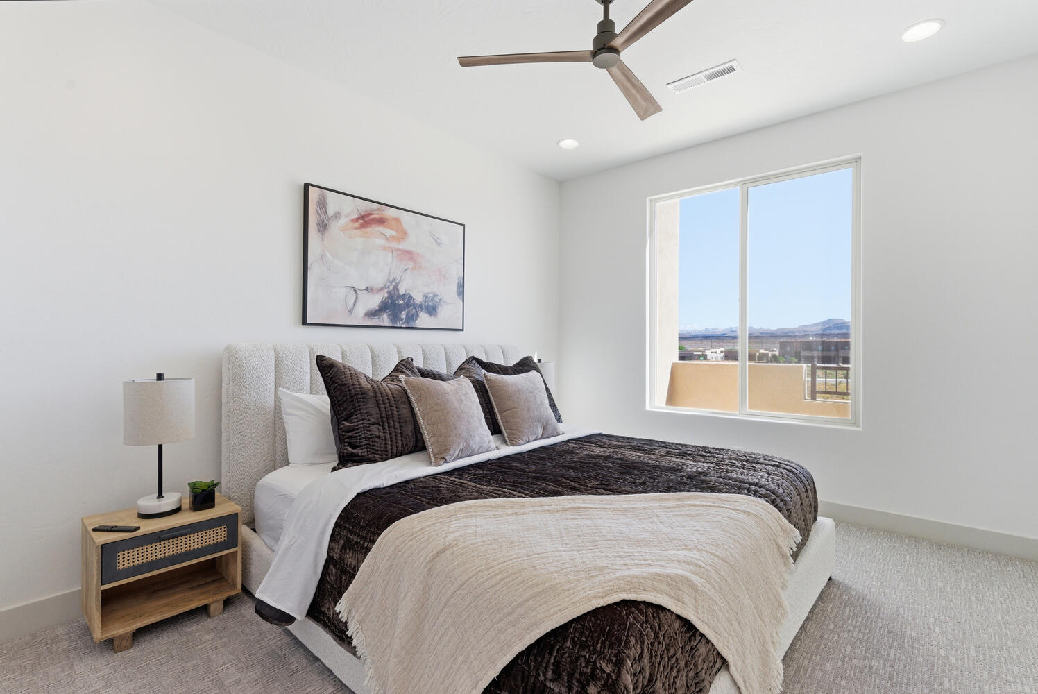 Bedroom featuring carpet floors, a ceiling fan, and recessed lighting