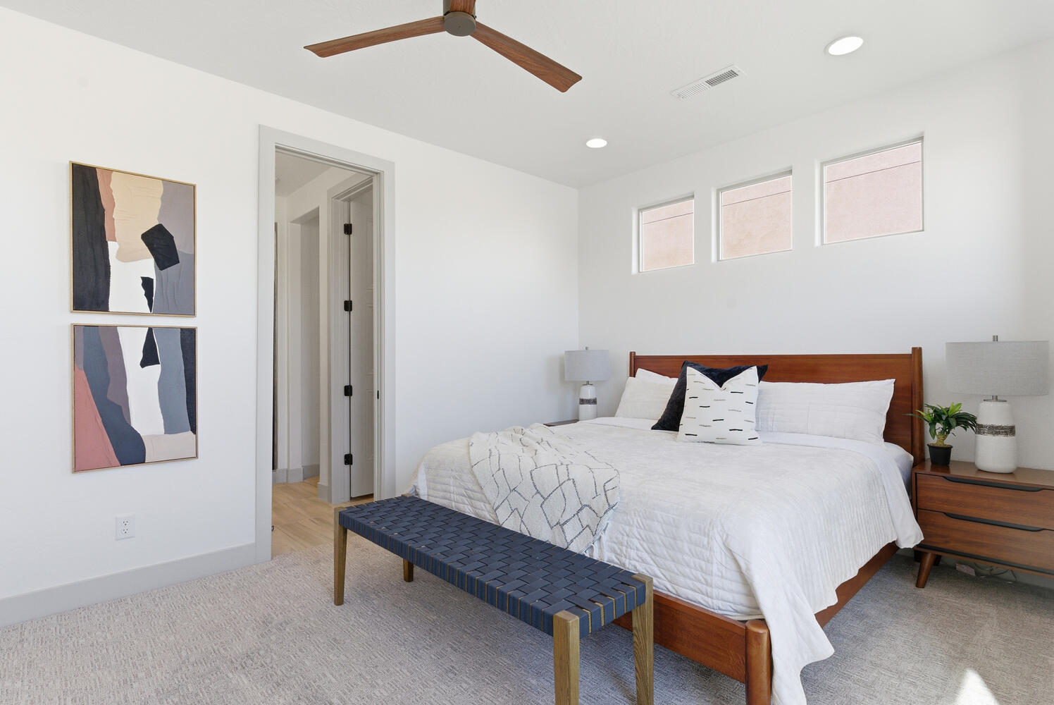 Bedroom featuring a ceiling fan, recessed lighting, and carpet floors