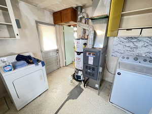 Utilities featuring washer / dryer, water heater, and heating unit