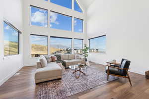 Family room featuring wood-style floors and high vaulted ceiling