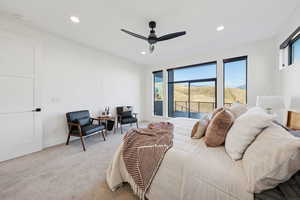 Primary bedroom, #1/8, featuring recessed lighting, carpet floors, access to outside, a mountain view, and ceiling fan