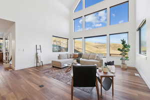 Family room with wood-style floors, high vaulted ceiling, and a mountain view