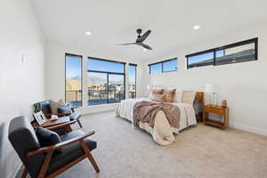 Primary bedroom, #1/8, featuring recessed lighting, carpet floors, access to outside, a mountain view, and ceiling fan