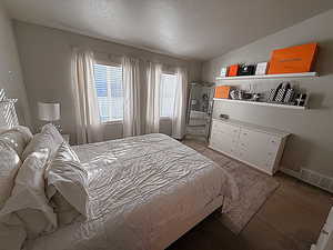 Carpeted bedroom featuring a textured ceiling and lofted ceiling