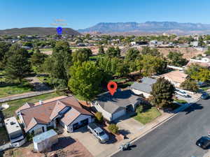 Aerial view of residential area with mountains