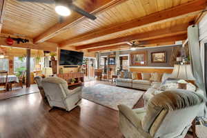 Living room with ceiling fan, wood-type flooring, and a wood ceiling with exposed beams