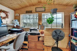 Home office with wooden walls, vaulted ceiling, wooden ceiling, and wood finished floors