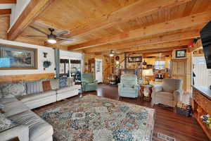Living room featuring ceiling fan, wooden walls, dark wood-style floors, plenty of natural light, and a wooden ceiling with exposed beams