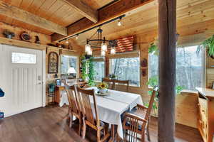 Dining space featuring track lighting, a wooden ceiling with exposed beams, wooden walls, and dark wood-type flooring