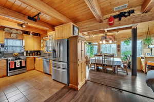 Kitchen with rail lighting, appliances with stainless steel finishes, a wood ceiling with exposed beams, backsplash, and dark wood finished floors