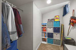 Walk in closet with carpet floors